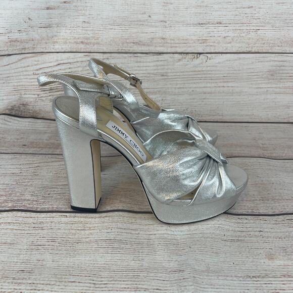 Jimmy Choo Heloise 120 Nappa Womens Sz EUR 37 US 7 Platform Sandal Heels Silver - Picture 4 of 9